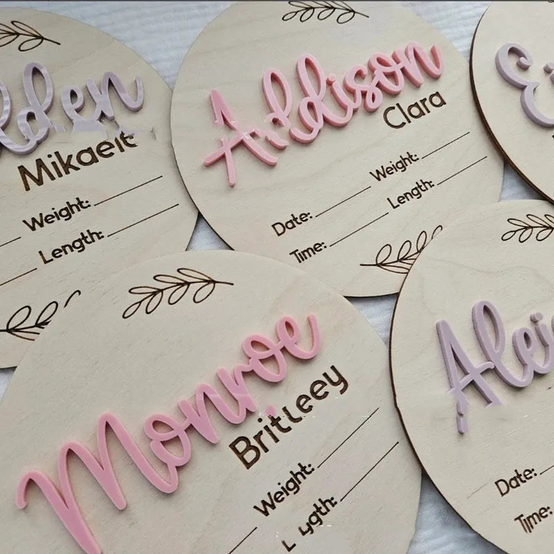 Square wooden baby name label with engraved birth information, 15cm per side.