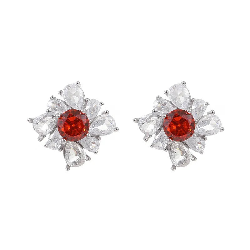 Retro geometric women's earrings in sterling silver with white gold electroplating and pigeon red tones