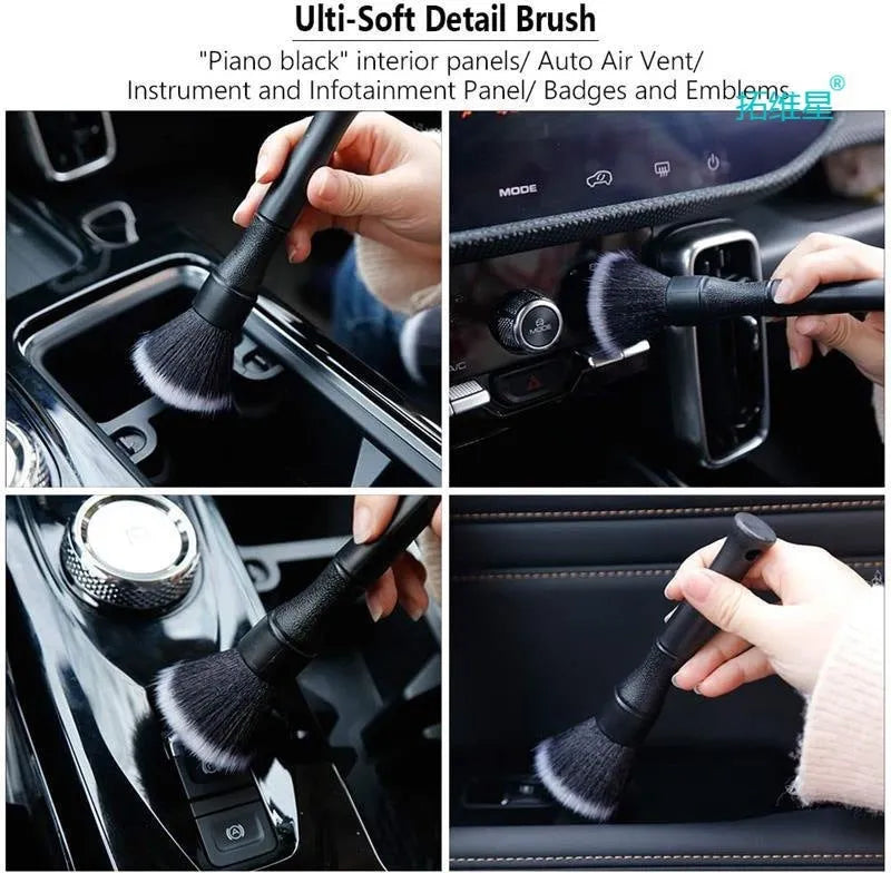 Black car detailing brush with pig hair bristles and polypropylene handle shown in two sizes.