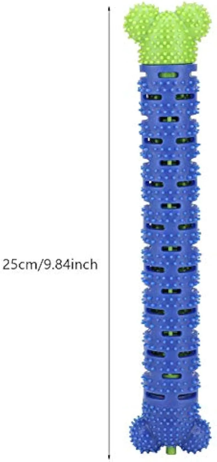 Blue green silicone dog toothbrush chew toy with brush head design measuring 25cm length