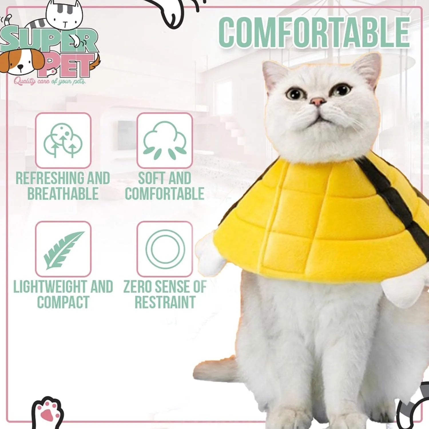 Soft bee design cat cone collar showing adjustable Velcro closure and protective shape