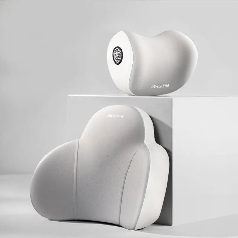 Automotive headrest and lumbar support pillows with all-cotton covers and memory foam filler in various colour options