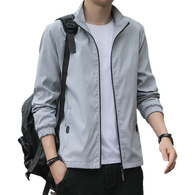 Men's Korean style loose fit autumn jacket with lapel collar and zip pockets in multiple colour options