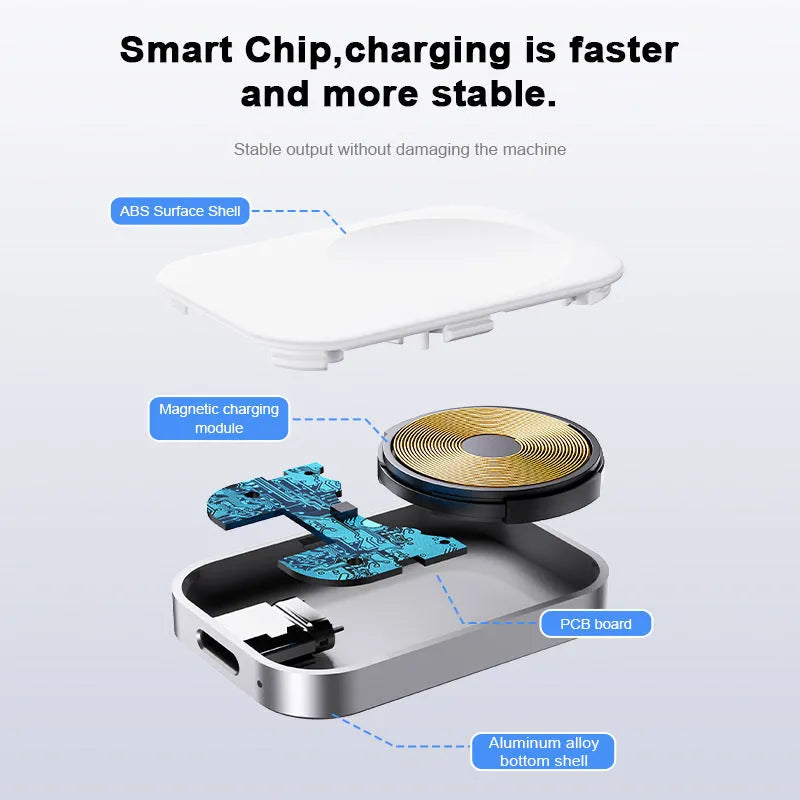 Black three-in-one magnetic wireless charger showing foldable portable design with charging surface