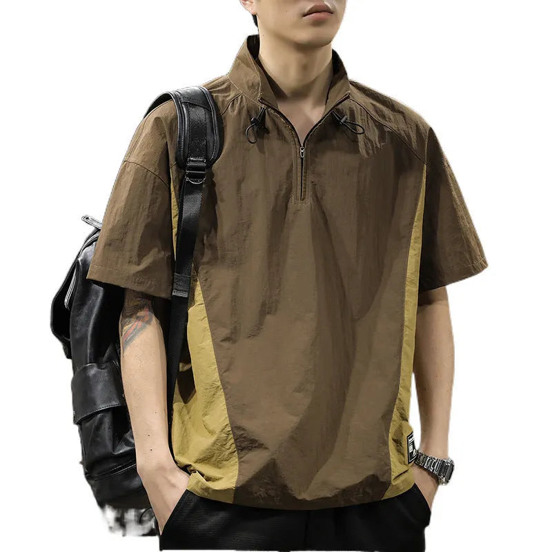 Men's brown half-zip stand collar short-sleeved shirt made from ice silk fabric