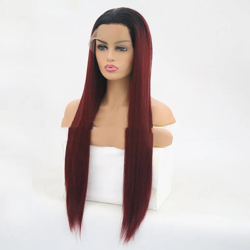 Burgundy trellis long straight chemical fiber headgear in wine red on a stand
