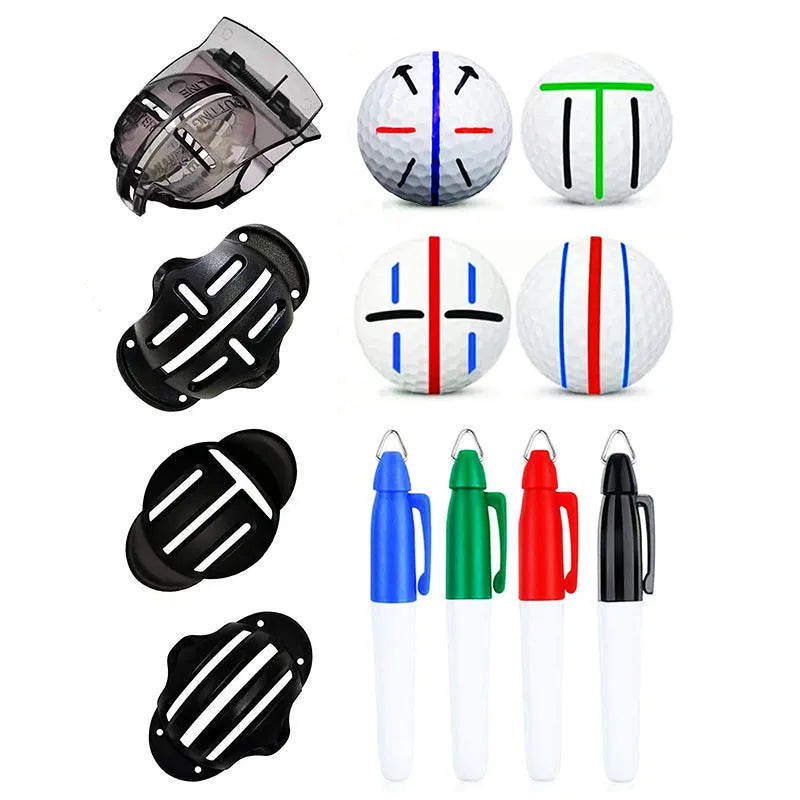 Golf putting alignment tool set with plastic scribers and drawing pens on a green.