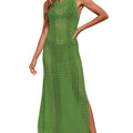 Women's long loose solid colour hollow-out knitted beach blouse with lining.