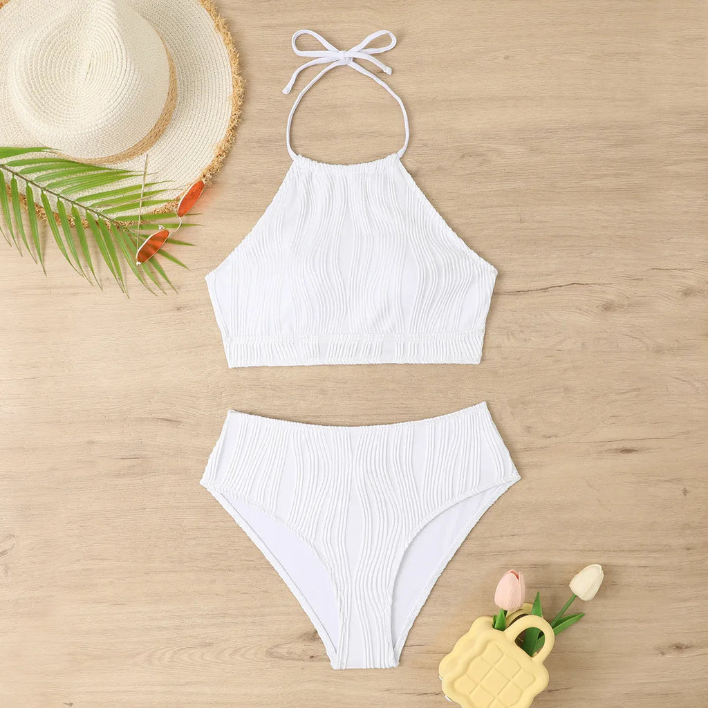 Conservative high waist apron swimwear bikini set in polyester fabric
