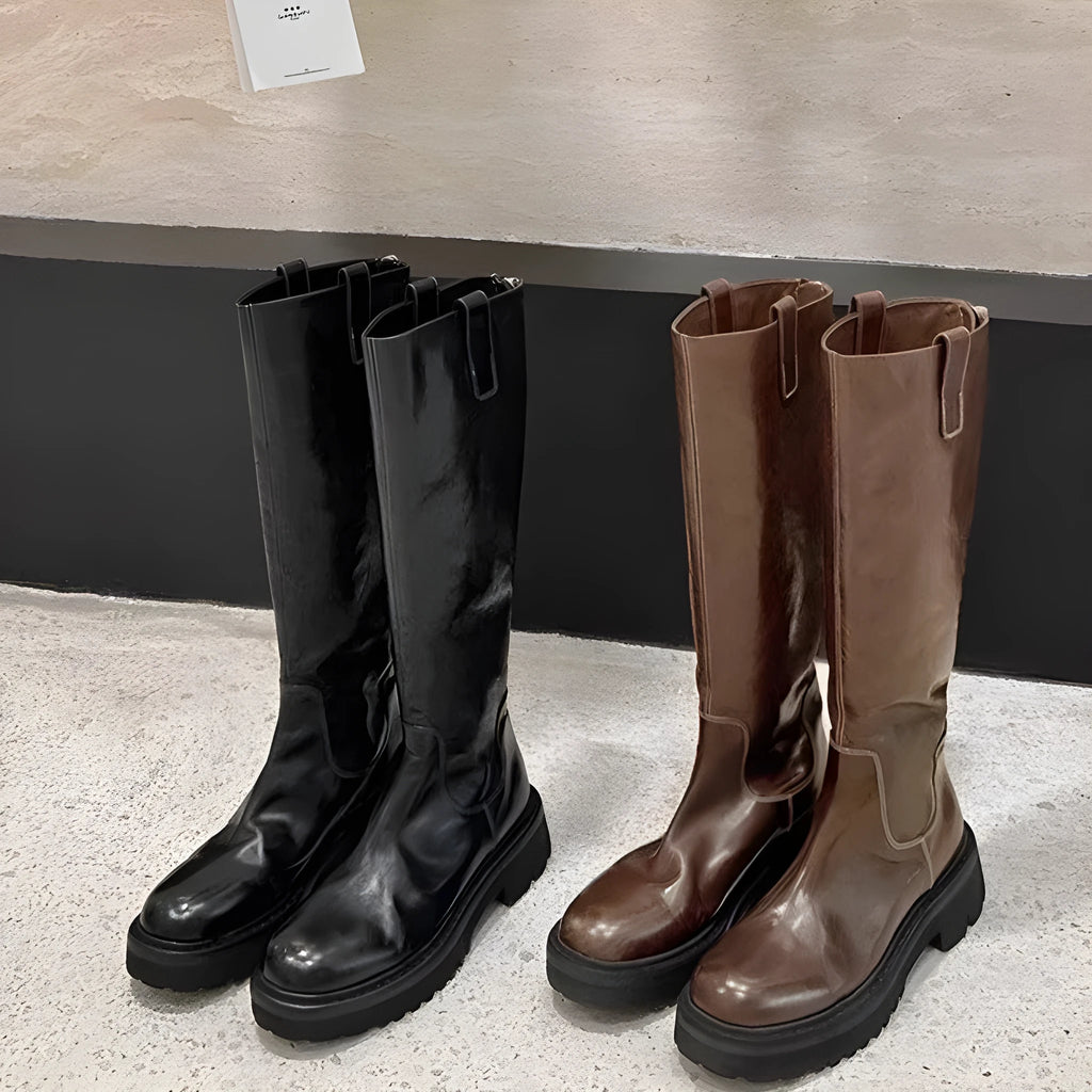 Women's black long tube knight boots with round toe and chunky rubber sole