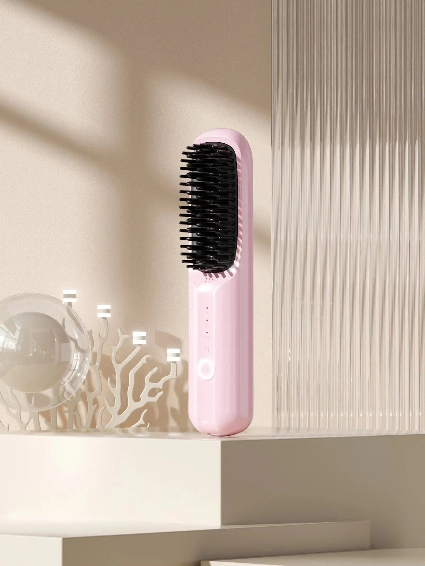 Wireless anion straightening comb in beige, pink, purple, or black colours with Type-C charging port.