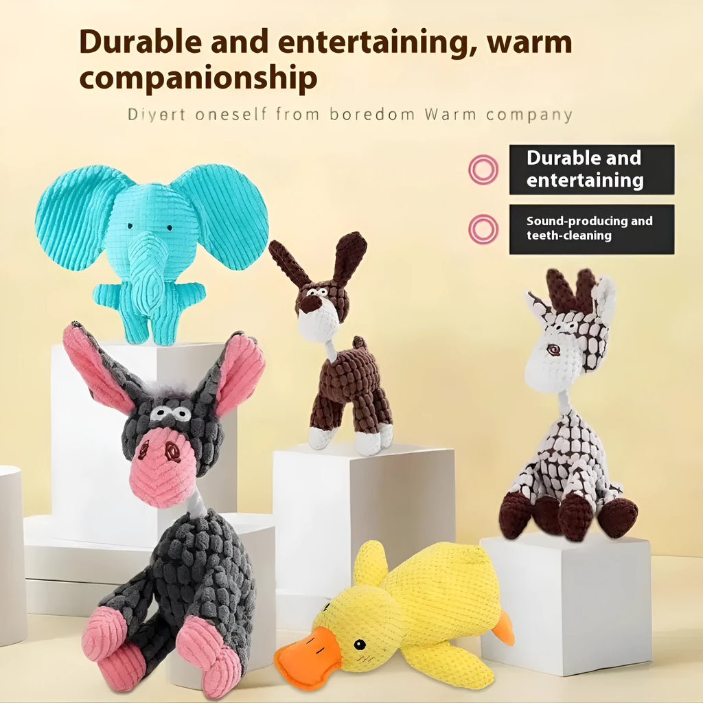 Soft plush dog toy shown as a pink grey donkey and a yellow rechargeable duck, for puppy teething and play.