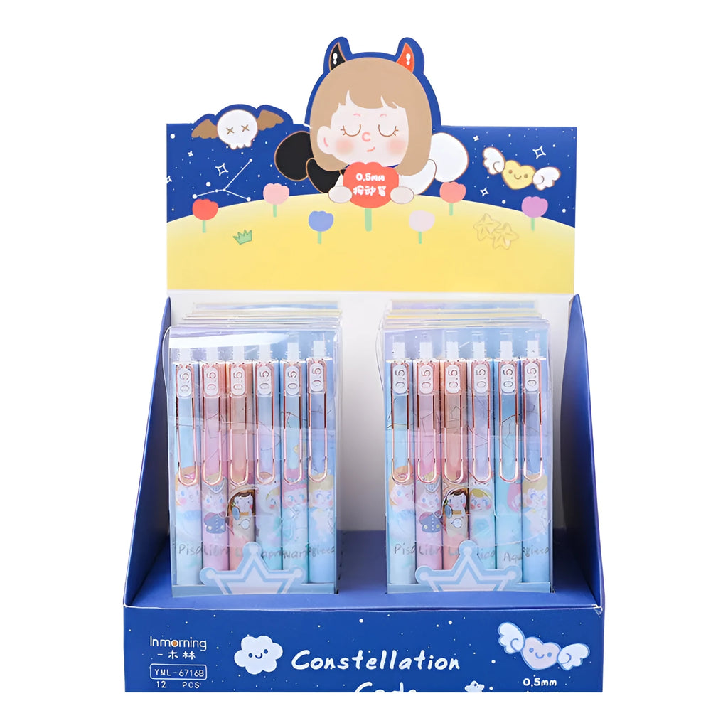 Set of six constellation-themed press gel pens with 0.5mm tips and cartoon zodiac designs.