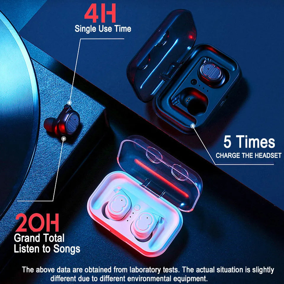 Wireless Bluetooth stereo earbud headset showing four colour options: black, white, red, and blue