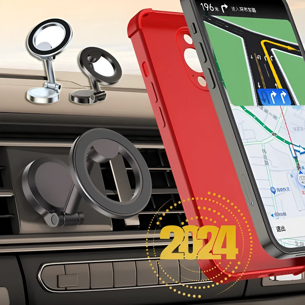 All-metal foldable magnetic car phone mount in Qian colour for dashboard placement