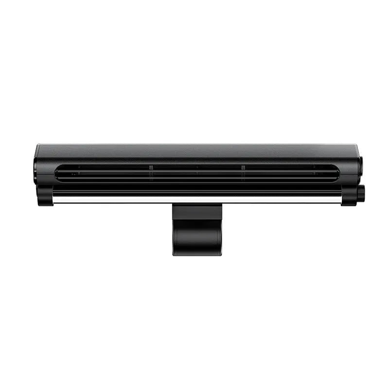 Black USB-powered bladeless fan clipped to a laptop screen with an integrated lighting lamp.