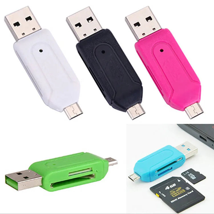 White OTG dual-purpose card reader with micro USB and USB 2.0 connectors for Android phones and computers