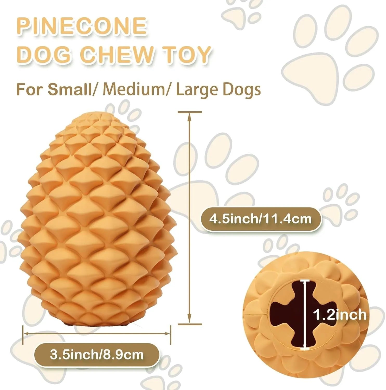 Yellow pine cone shaped natural rubber dog toy with treat dispenser for large dogs.