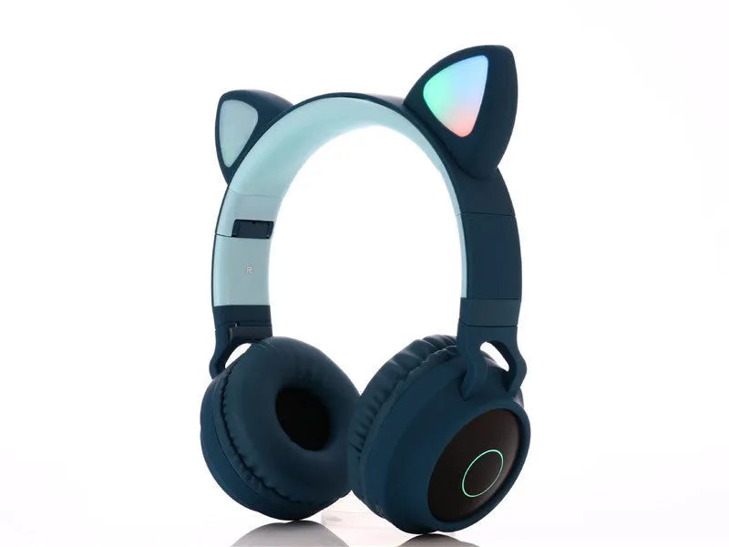 Pink cartoon-style wireless Bluetooth headset with cat ears on the headband, showing bilateral earcups.