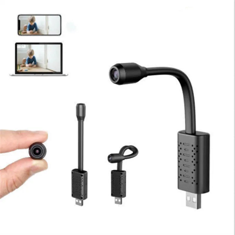 Black V380 wireless USB security camera with compact design for microSD card storage.