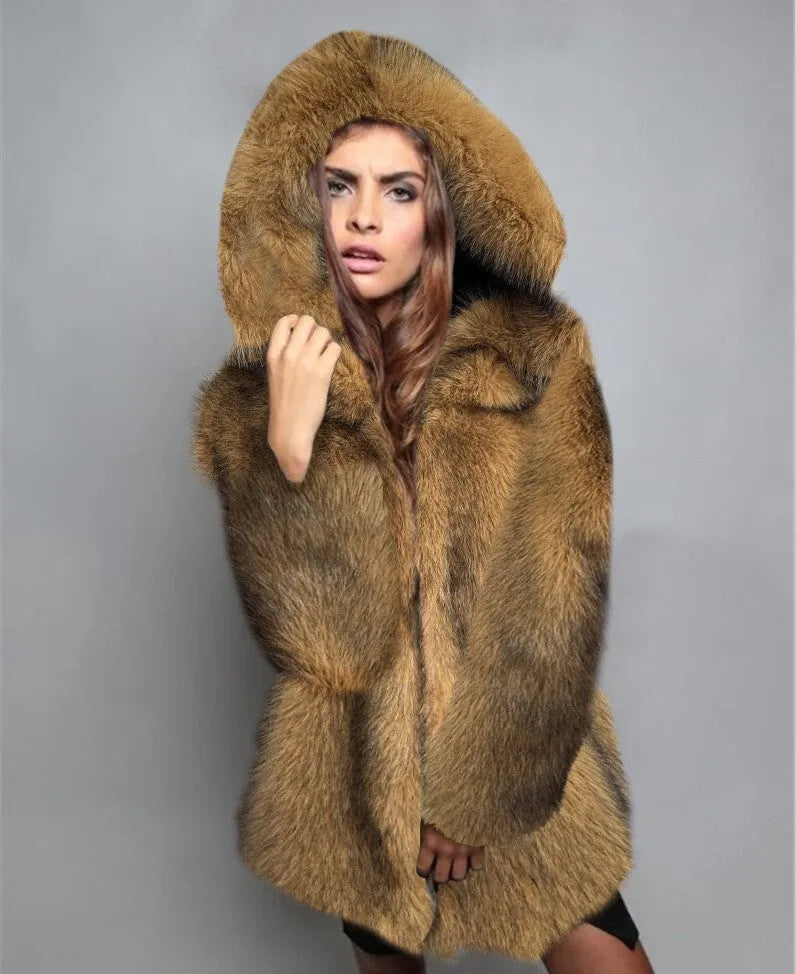 Women's loose-fitting silver grey artificial fur mid-length coat on a hanger.