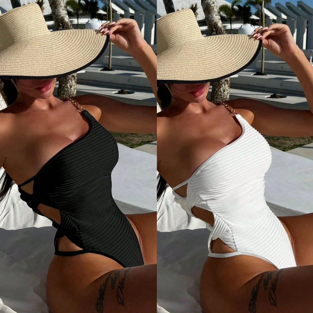 Women's solid-colour one-piece swimsuit in beige and black, sizes S M L.
