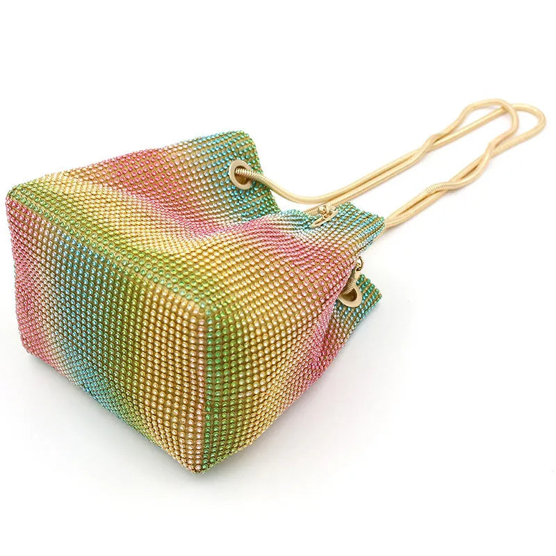 Rainbow sparkle rhinestone fabric bucket bag with a soft texture
