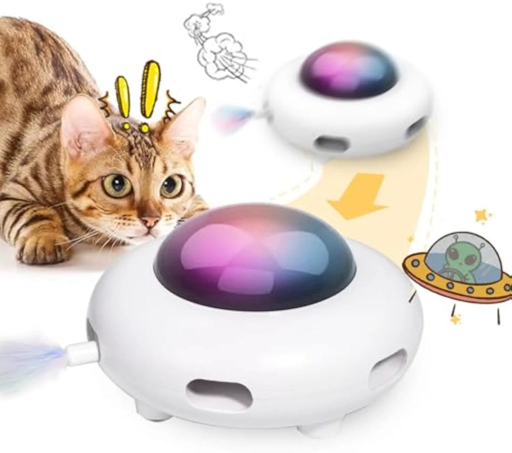 White USB rechargeable interactive cat toy with moving colourful feathers and LED lights