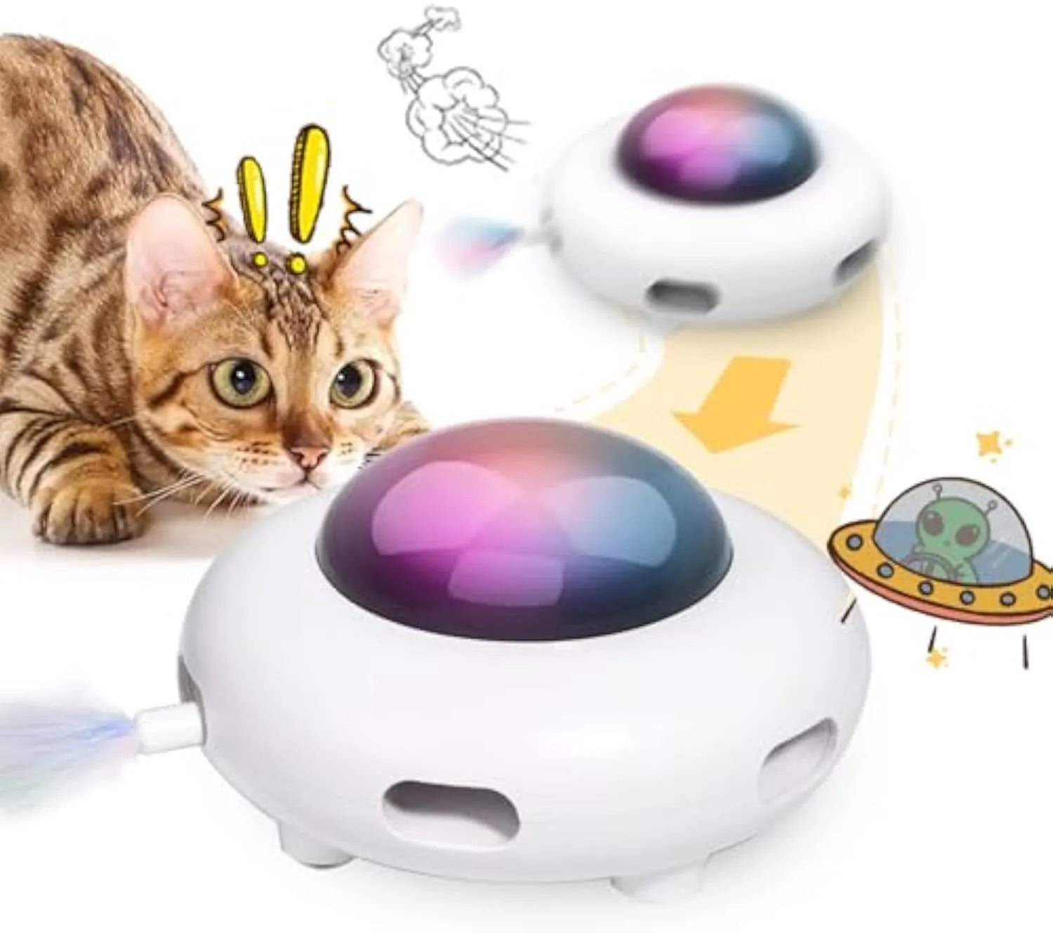 White USB rechargeable interactive cat toy with moving colourful feathers and LED lights