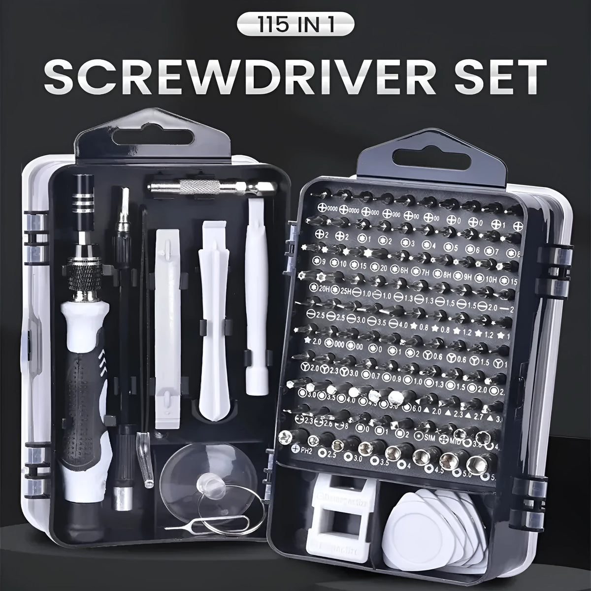 115-in-1 precision screwdriver set with 91 metal bits, magnetic tips, extension bar, and ergonomic handle in a sturdy case