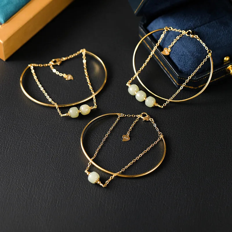 Hetian jade lucky beads bracelet with gold inlay in single, double, and triple bead versions