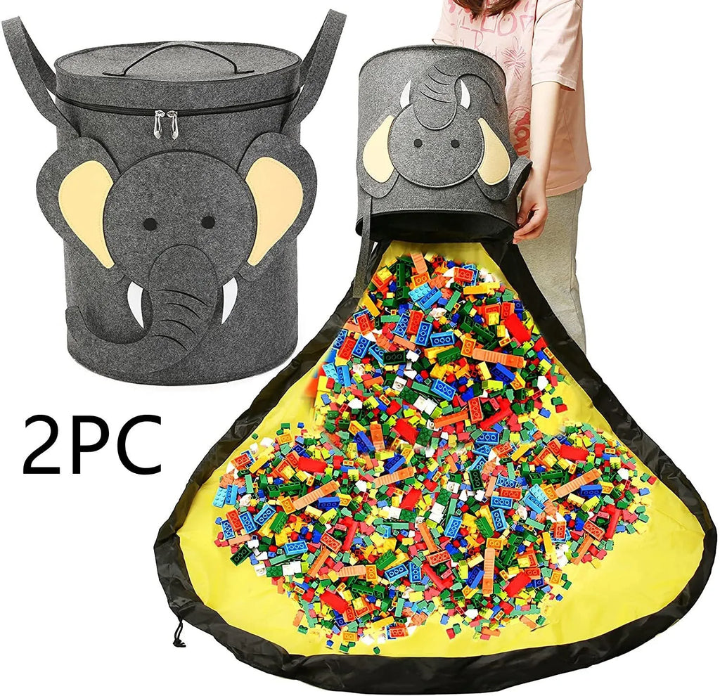 Green felt cube storage bag with pull rope, shown open as a play mat and closed as a toy container.
