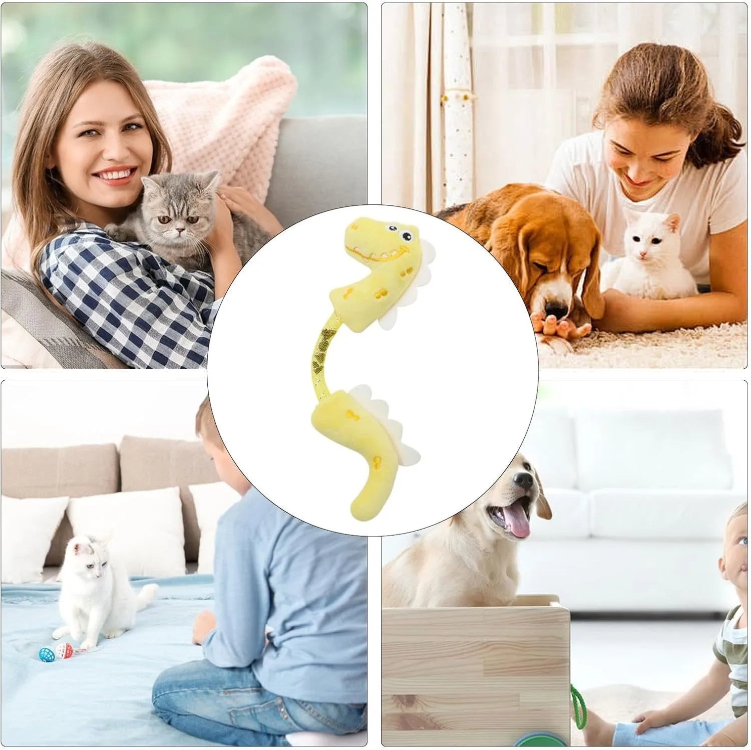 Set of cat toys including plush animals, rope toys, and springs on a pink background
