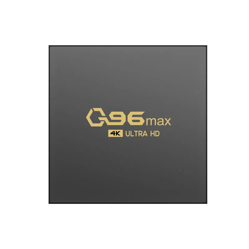 Q96 MAX S905 Android 4K TV set-top box with remote control and HDMI cable on a dark surface.