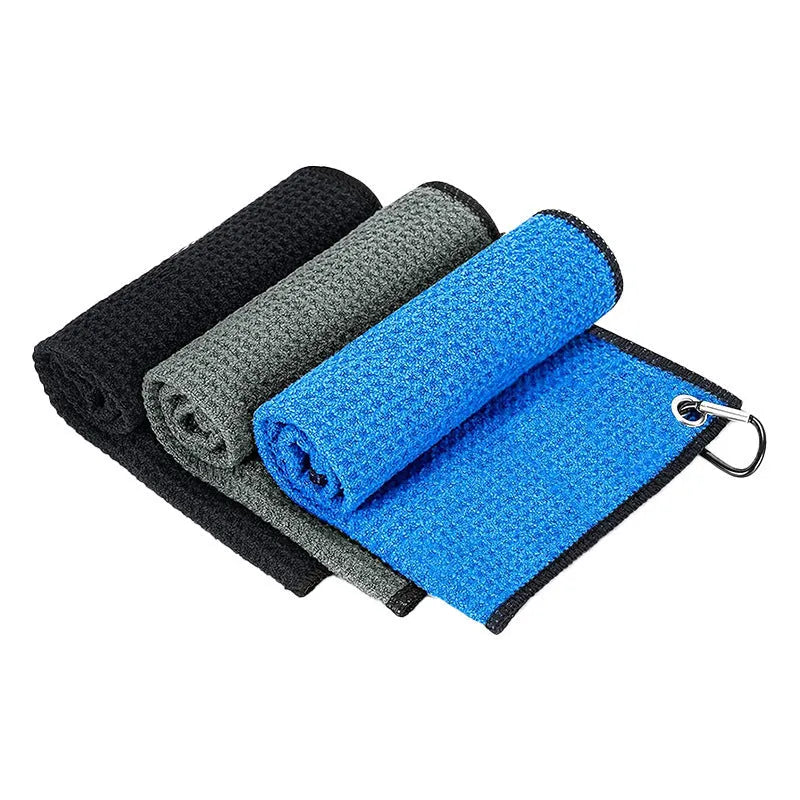 Waffle weave golf ball cleaning cloth towel in multiple colours showing embroidery detail