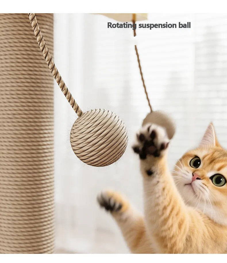 Simple modern cat climbing frame with a scratch-resistant hanging ball, made from pine wood and carpet leather.