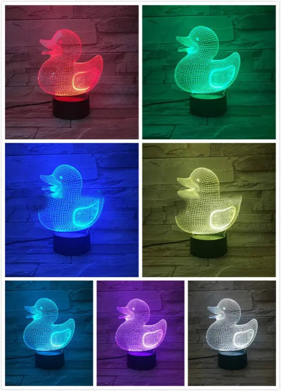 Yellow 3D duck night light with remote control on bedside table showing multiple colour options