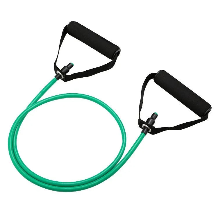 Colour-coded TPE chest expander resistance bands in yellow, green, red, blue, and black.