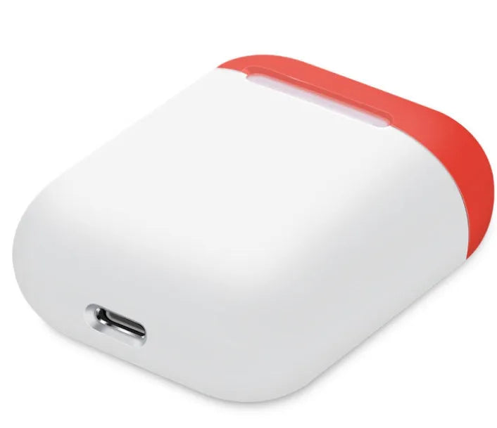 Split-shell silicone protective case for Apple AirPods charging box in a selection of colours on a plain background.