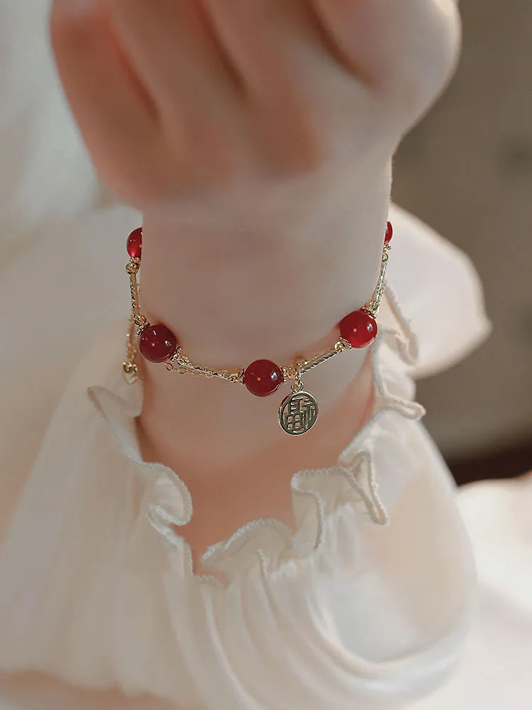 Red agate double-layer bracelet with horse charm and blessing card in electroplated alloy with chamfered square pattern
