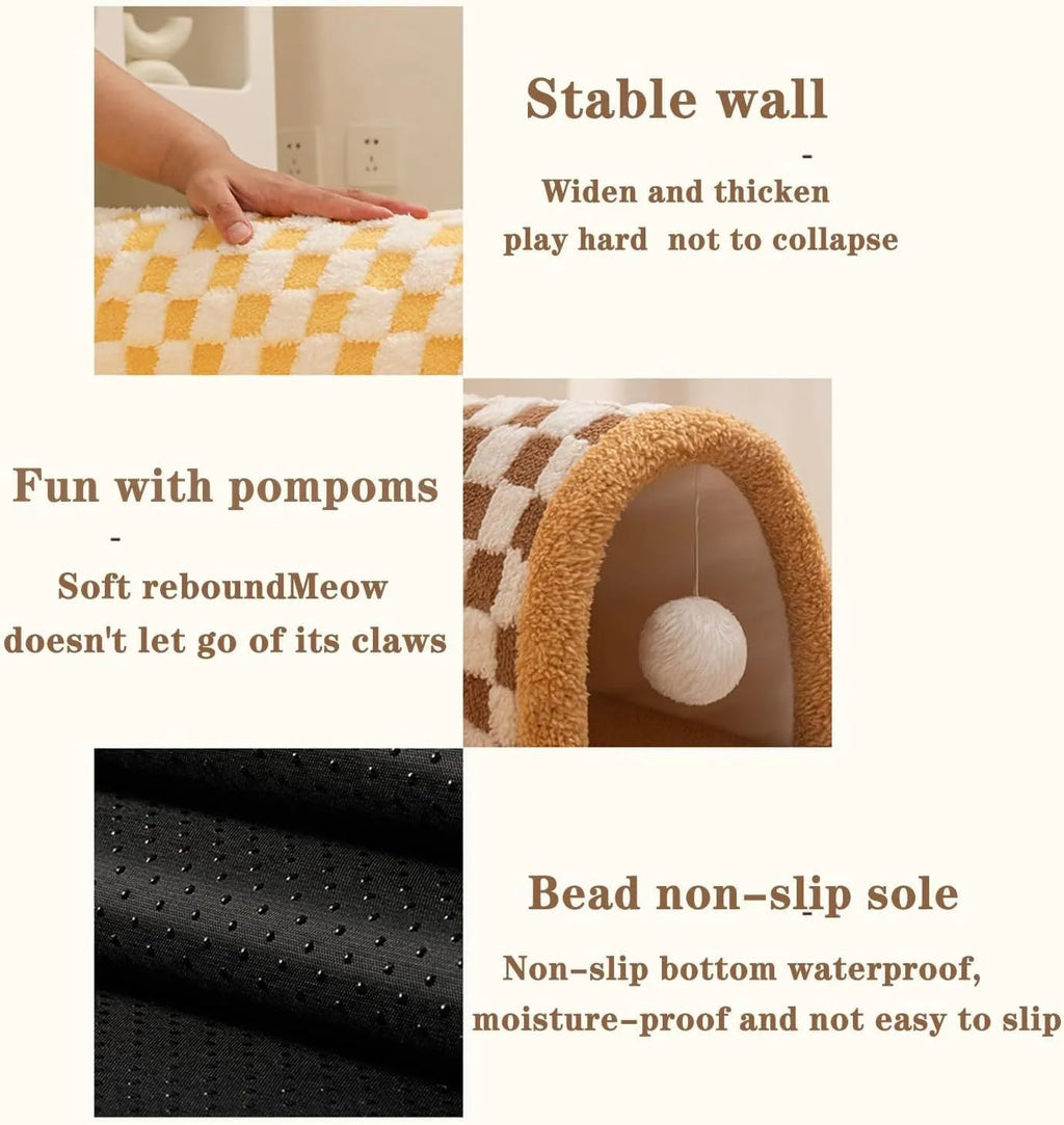 Brown and yellow plaid plush cat tunnel bed with central mat and non-slip bottom.