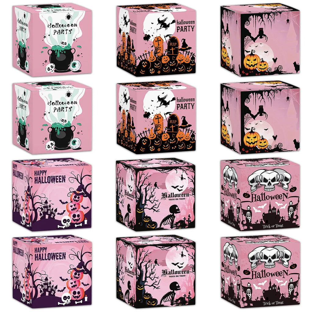 Halloween three-dimensional paper boxes for candy and snack packaging in five styles and set sizes of 3, 6, 12 or 18 pieces
