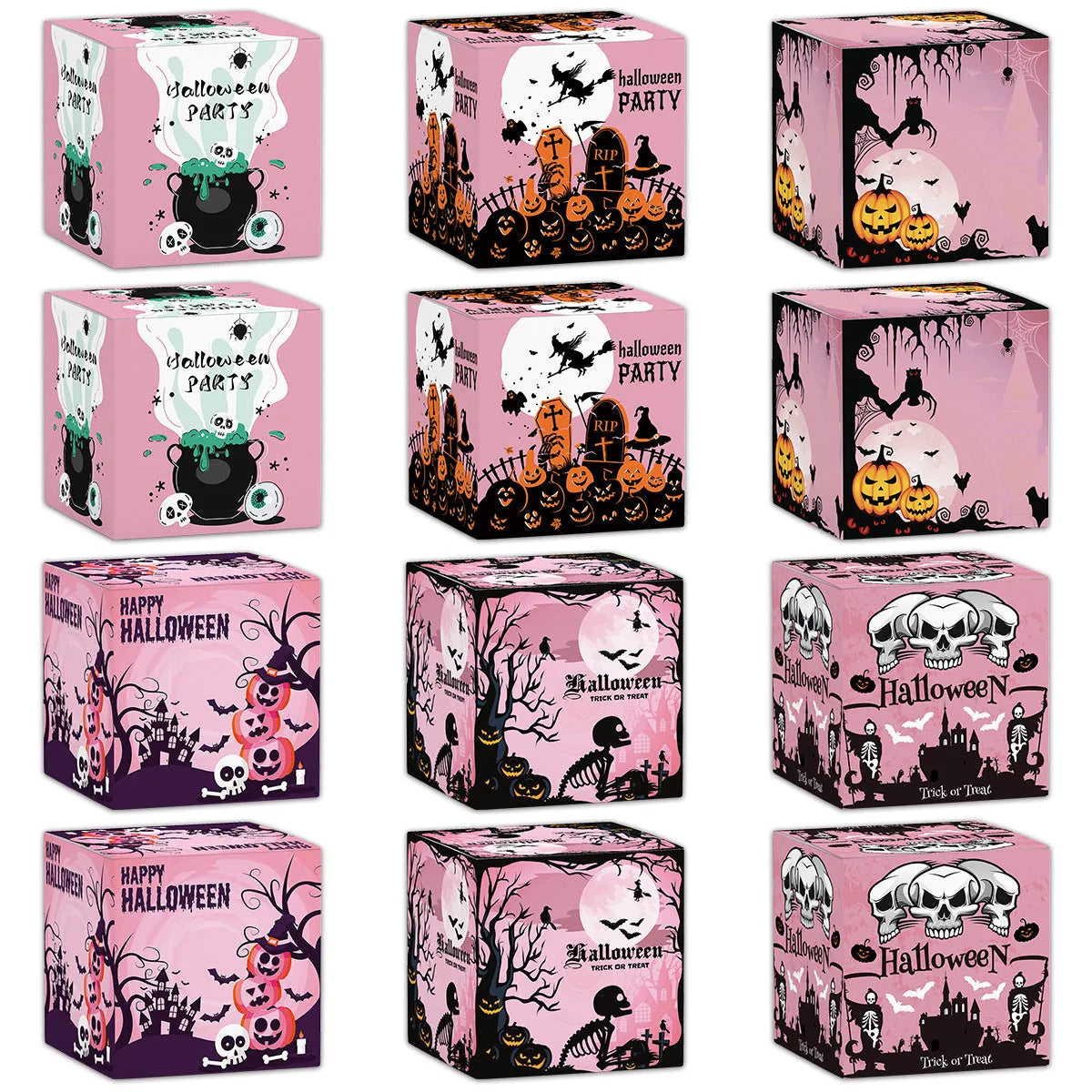 Halloween three-dimensional paper boxes for candy and snack packaging in five styles and set sizes of 3, 6, 12 or 18 pieces