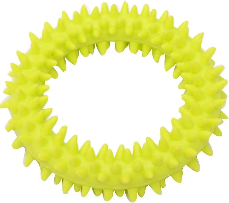 Blue TPR spiky circle ring dog chew toy on a white background.