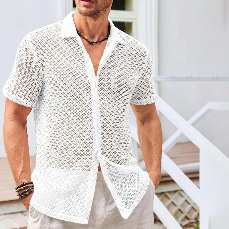 Men's solid colour short sleeve lapel cardigan shirt on a hanger