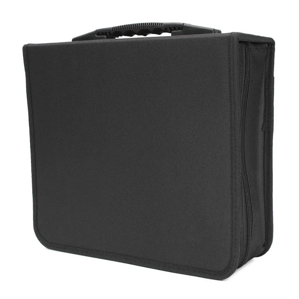 Black Oxford fabric CD storage organiser with a hand strap and zipper, showing capacity for hundreds of discs.