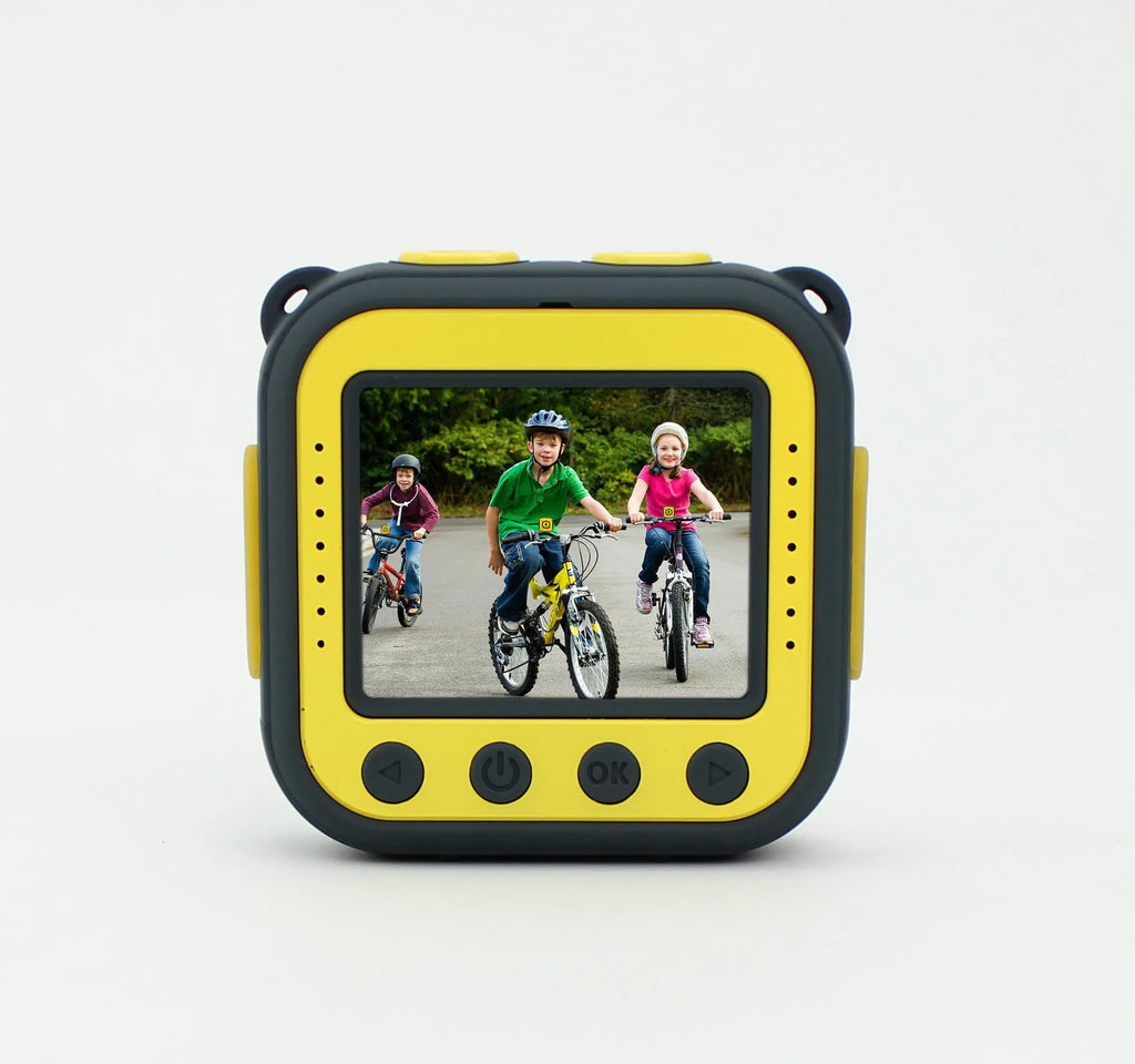 Yellow children's waterproof sports camera with 1.77-inch screen showing video playback
