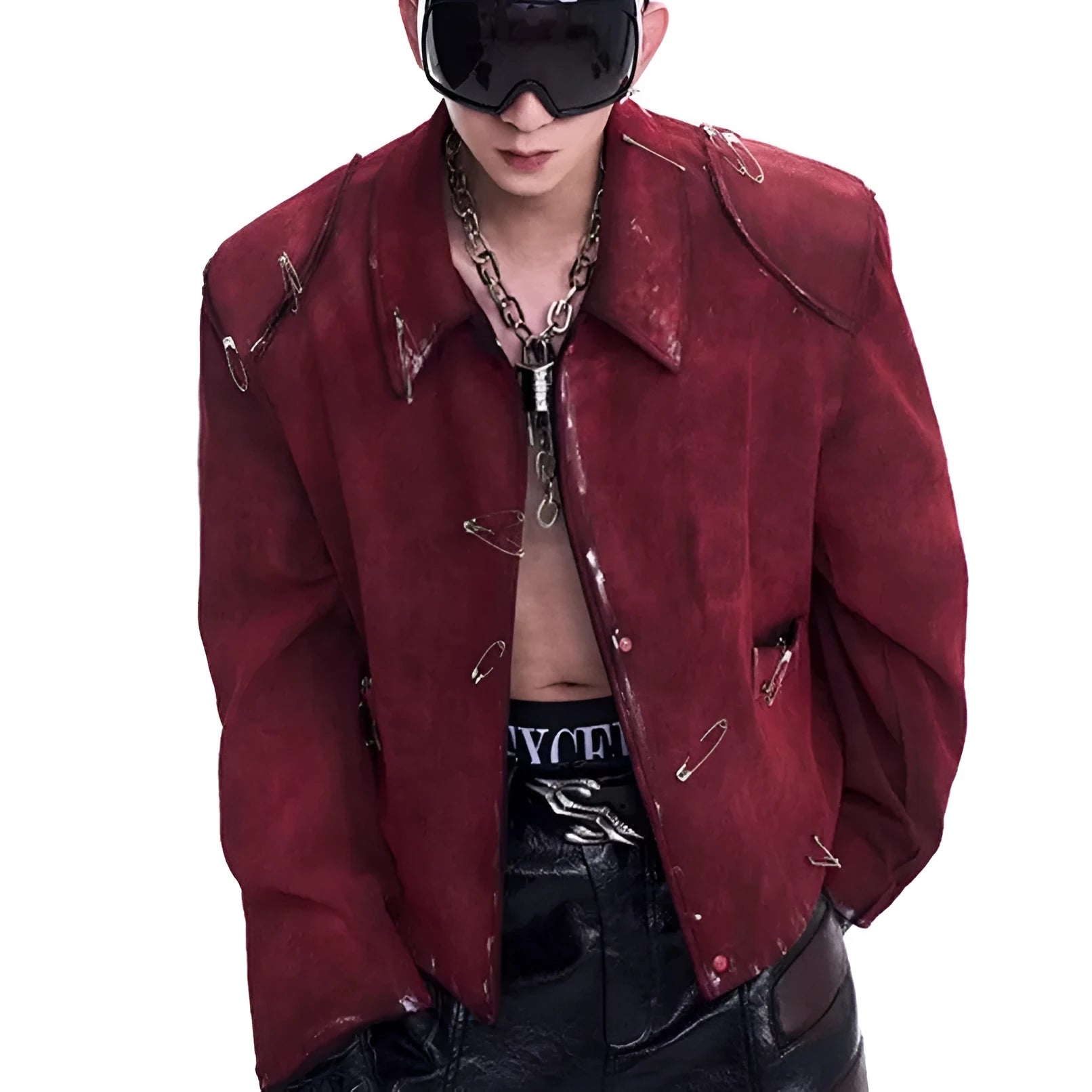 Red men's thick quilted decorative jacket with lapel collar shown in a loose fit style.