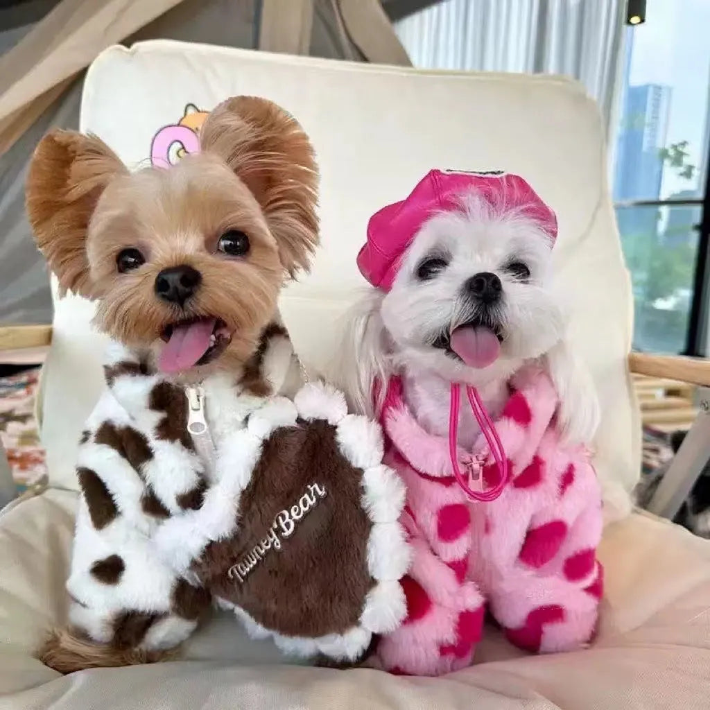 A pink plush polyester warm coat for a small dog, shown on a mannequin, British-style design.