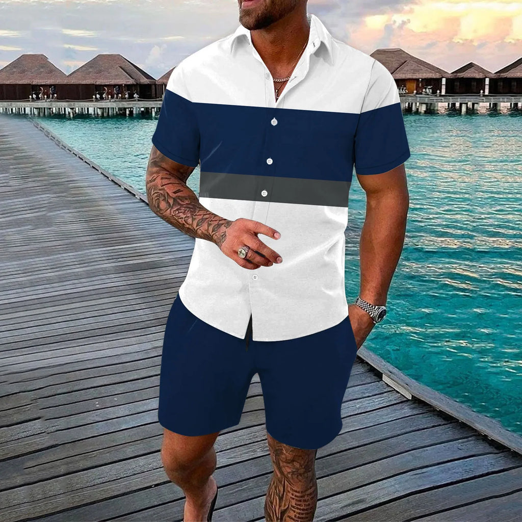 Men's summer cardigan shirt outfit with printed pattern and matching pants on a plain background